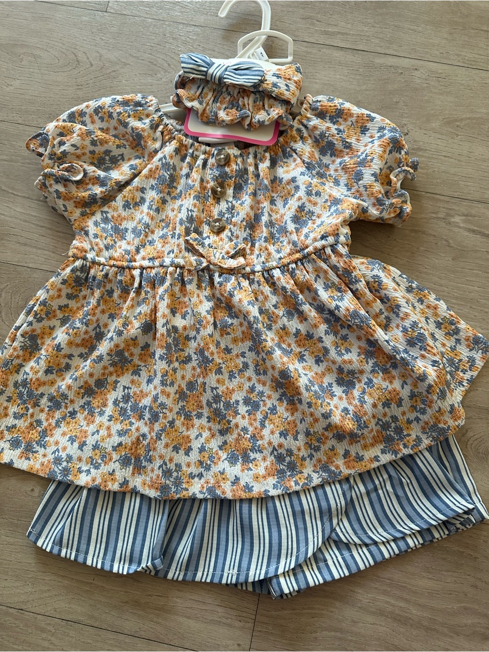 Little Lass Yellow & Blue Floral Ruffle Top with Striped Shorts Set